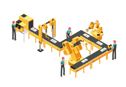 Production line with robots and adjacent workers socially distanced.